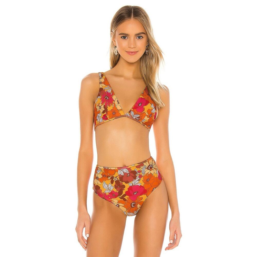 House Of Harlow Yellow Floral Retro Two Piece Swimsuit Bikini Small